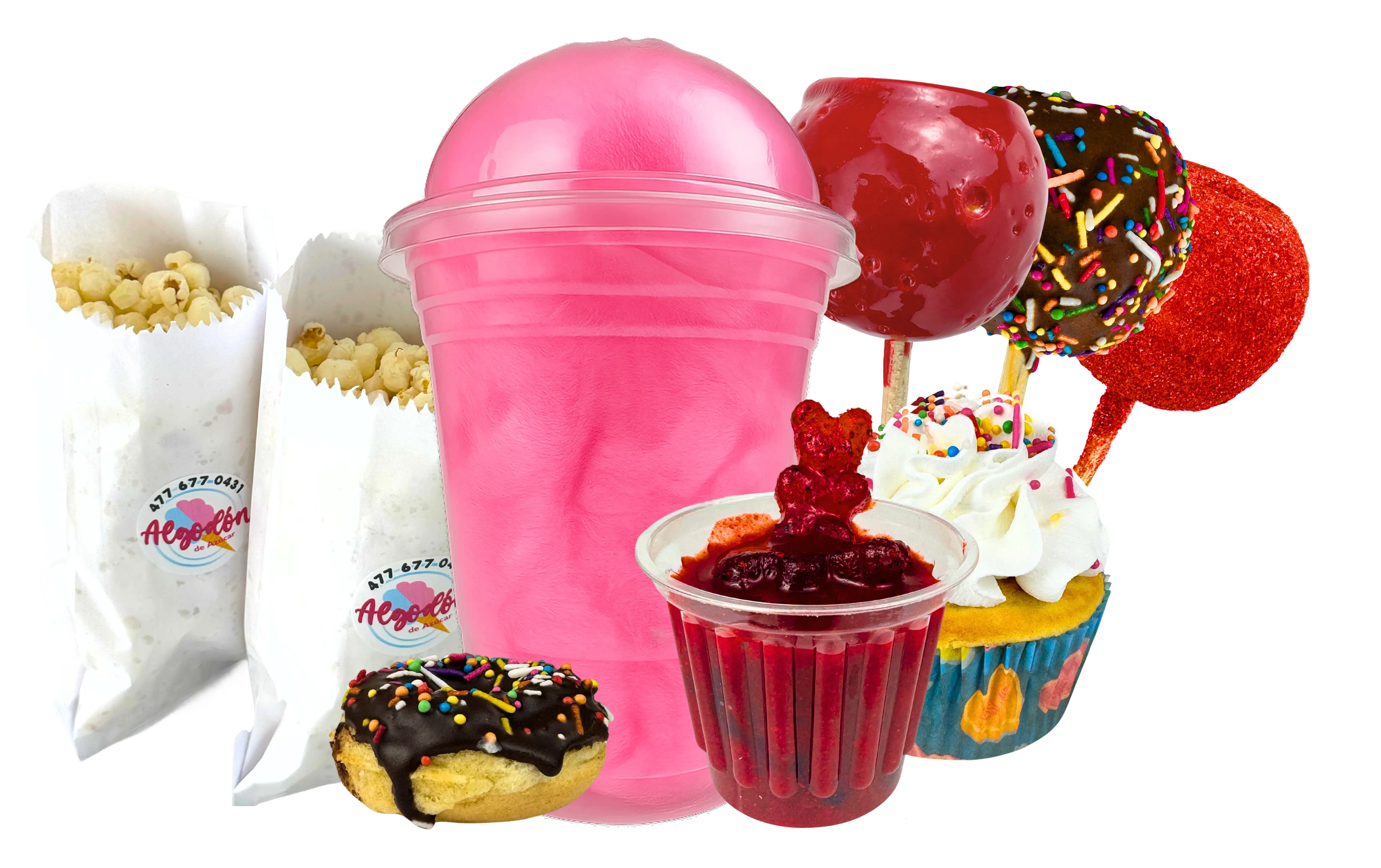 Variedad de dulces para fiestas: algodones, donas, manzanas